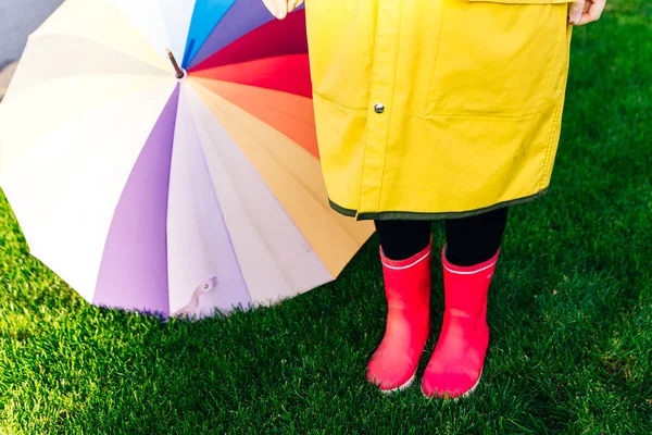 Rainy autumn. Rubber pink boots against. Conceptual image of legs in boots on green grass