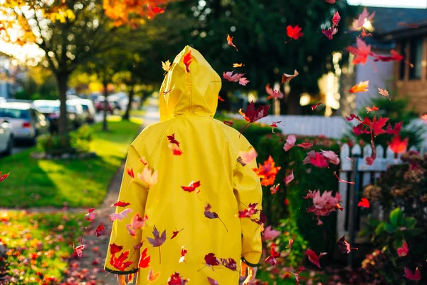 Осенью Красивая Девушка Жёлтом Плаще Выходит Улицу Молодая Женщина Наслаждается — стоковое фото
