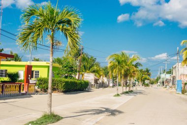 Holbox, Mexico, South America - January 2020 Tropical relaxation in Holbox island, tourist destination, town houses and restaurants in the street