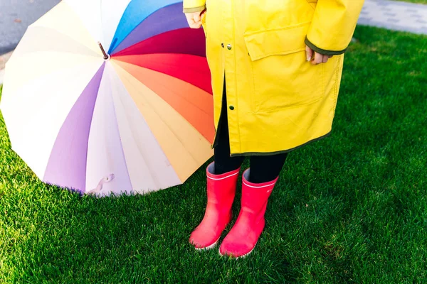 Deszczowa Jesień Gumowe Różowe Buty Przeciwko Koncepcyjny Obraz Nóg Butach — Zdjęcie stockowe