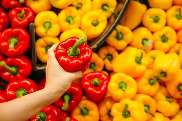 Pilhas Pimentas Organizadas Balcão Supermercado Mercearia Pimentão Verde Vermelho Laranja — Fotografia de Stock