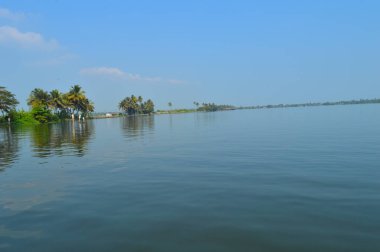 Halep 'in durgun suları ve devasa ağaçlarıyla manzaralı güzelliğini gösteren güzel bir görüntü. Alappuzha Sahili, Kerala 'nın milyonlarca yerli ve yabancı turisti bölgeye çeken en popüler turistik merkezidir. 