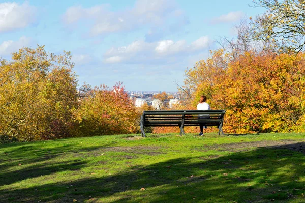 Bench Hill Top Girl Sitting Facing Other Way — Stock Photo, Image