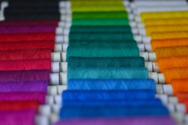 Renkli iplik ruloları bir kutuda düzenlenmiş. Resmin bazı kısımları infocus. Tekstil endüstrisini ve terzileri temsil eder..