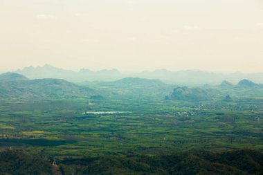 Yeşil ağaçlar ve bulutlarla kaplı dağ manzarası