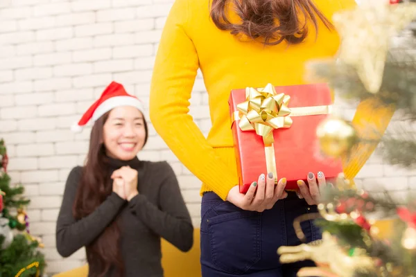 Merry Christmas and Happy Holidays. Christmas gift giving festival. Friend or sister giving Christmas present box indoors. Merry Christmas and Happy new year decorating Christmas trees.