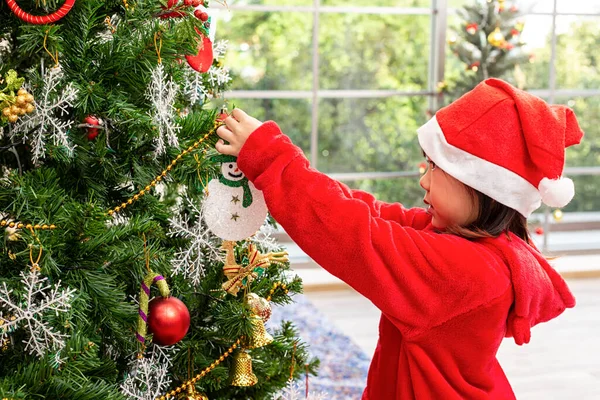 Asian Girls Wearing Red Dresses Decorating Christmas Trees Children Opening Stock Image