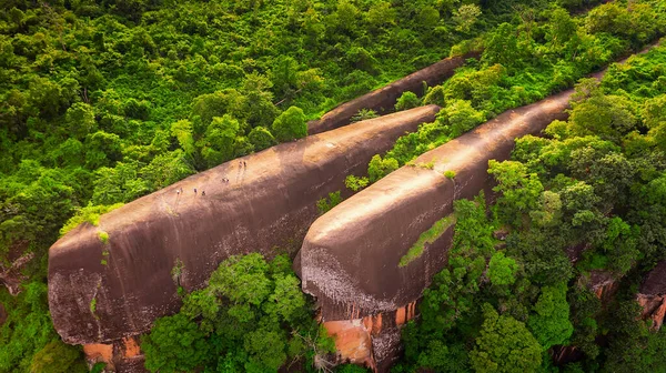 İnsansız uçağın yüksek açılı görüntüsü. Popüler turist eğlencesi. Üç balina taşı. Tayland, Bungkarn 'daki Phu Sing Country Park' ta üç balinanın kuş bakışı görüntüsü..