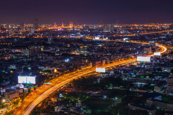 Bangkok City Scape. View of Thailand night view in the business location. Beautiful Bhumibol Bridge and river landscapes. Bangkok Thailand May 27, 2019