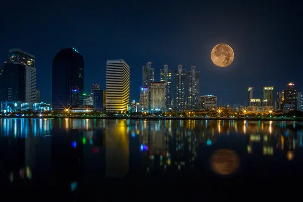 Stadtbild Von Bangkok Nachtansicht Mit Supermond Bangkok Nachtansicht Der Business — Stockfoto