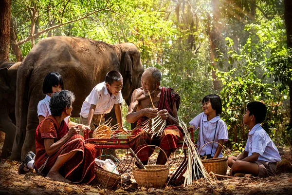 Emberek Vidéki Természetben Szövés Bambusz Kosár Nagy Elefántok Háttérben Surin — Stock Fotó