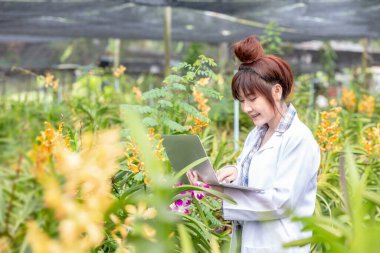 Gülümseyen Bilimadamları orkide bahçesinde bilgisayar tutuyorlar. Araştırmacı botanik araştırma orkidesi bilim adamı gömleği giyiyor ve elinde bir bilgisayar defteri tutuyor..