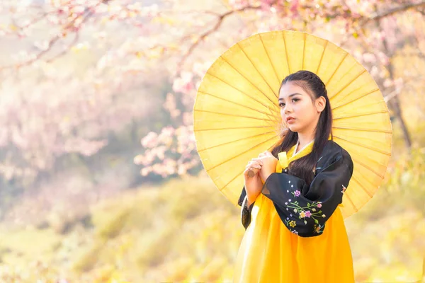 Menina Coreana Vestindo Hanbok Usando Guarda Chuva Amarelo Mulher Bonita — Fotografia de Stock