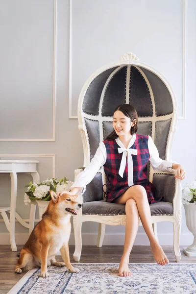 Pet Lover concept. Asian woman sitting in a living room with a Shiba Inu dog on sofa in living room. Shiba Inu is a Japanese dog that is famous throughout the world.
