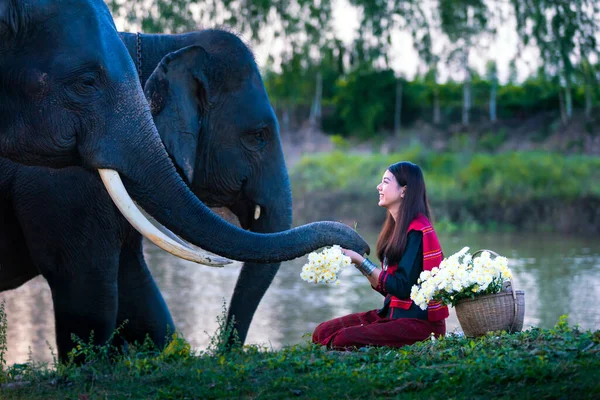 Rapariga Elefante Carregam Flores Elefantes Deram Flores Jovens Mulheres Junto — Fotografia de Stock