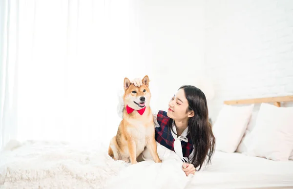 ペット愛好家の概念 白い和室の寝室のベッドの上に柴犬と寝ている女の子 — ストック写真