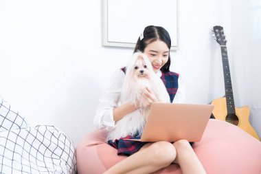 Oturma odasında dizüstü bilgisayarın önünde Maltese köpeğiyle oynayan bir kız..