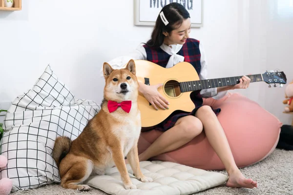 Dívka Hrající Kytaru Psem Shiba Inu Bílém Obýváku Mladá Žena — Stock fotografie