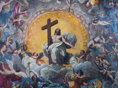 Ravenna, İtalya - 1 Mayıs 2018: Bir katedral kilise İsa cennet melekler tarafından çevrili görüntü ile boyalı tavan.