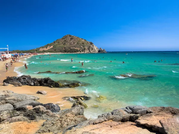 Villasimius, Italy - August 18, 2017: Transparent and turquoise sea in Cala Sinzias, Villasimius. Sardinia, Italy