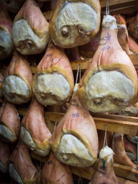 Uyluk jambon bir mahzende asılı Kavurma işlemi sırasında.