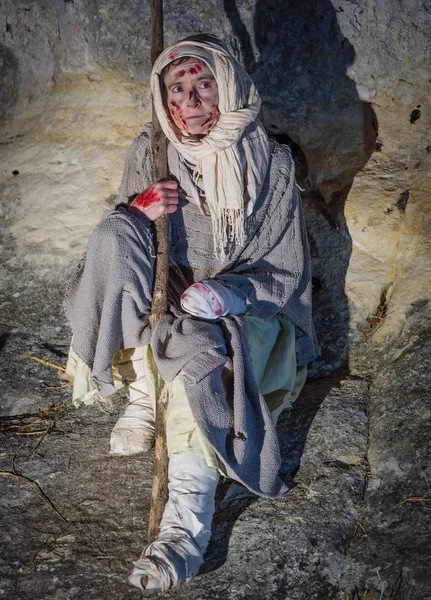 Villaga Italy December 2017 Leprous Dressed Rags Historical Enactment Caves — Stock Photo, Image