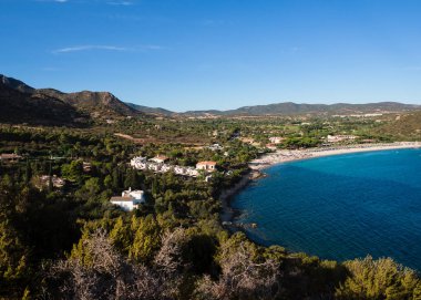 Sardunya tipik görünümü ile Akdeniz bitki örtüsü ve mavi şeffaf deniz.