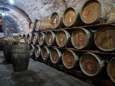 Eski bir yeraltı şarap mahzeninde meşe varil.