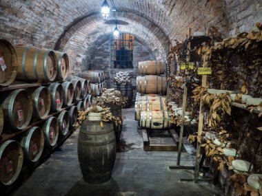 Eski bir yeraltı şarap mahzeninde meşe varil.