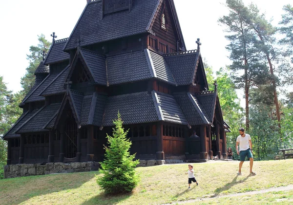 Father Son Playing Front Gol Church Stave Church Originally Built — Stock Photo, Image
