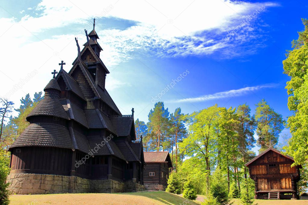 Main view of Gol Church,  a stave church originally built in Gol city, but now located in the Norwegian Museum of Cultural History at Bygdoy in Oslo, Norway.