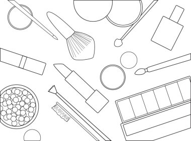 Kozmetik makyaj aksesuarları çizimi. Siyah siluet izole edildi