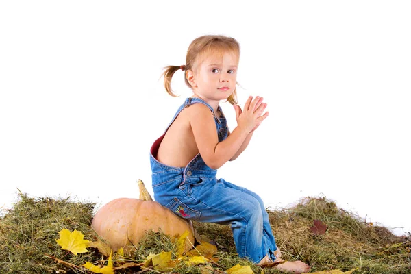 Chica Estilo Country Con Calabaza Sobre Fondo Blanco —  Fotos de Stock