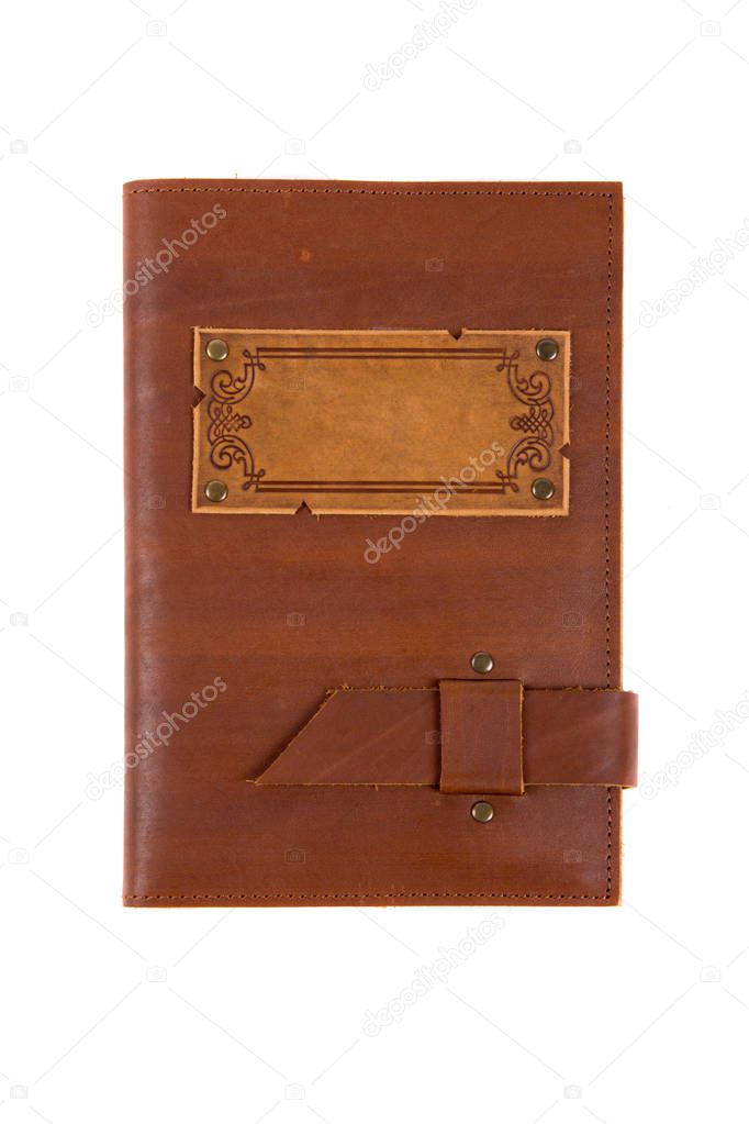 Vintage leather notebook on white background
