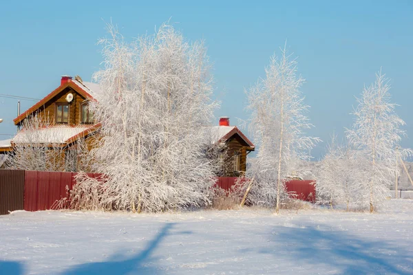 Snow-covered village house in winter landscape
