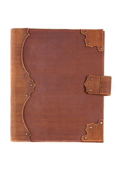 Book in leather cover on white background