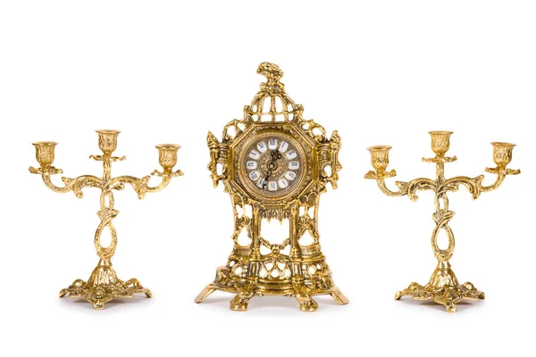 Reloj Oro Vintage Con Candelabros Sobre Fondo Blanco — Foto de Stock