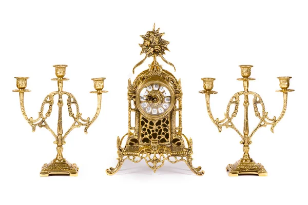 Reloj Oro Vintage Con Candelabros Sobre Fondo Blanco — Foto de Stock