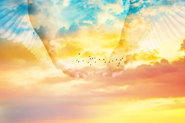 Hand Opened Heaven Welcome Prayer God Background Style Double Exposure — Stock Photo, Image