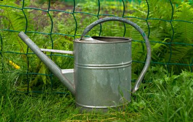 Arka plan bahar bahçe üzerinde bir yağmur sonra sulama metal Bahçe