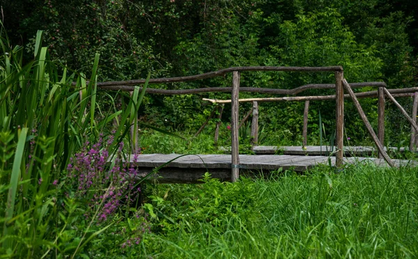 Alte Holzbrücke Und Grüne Wiese — Stockfoto