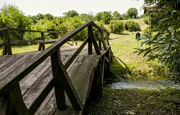 Alte Eichenholzbrücke Und Grüne Wiese — Stockfoto