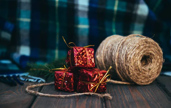 Blue woolen plaid and vintage holiday decorations