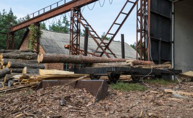 Lyons, Colorado, Amerika Birleşik Devletleri - 01 Temmuz 2018: eski terk edilmiş kereste fabrikası, Colorado, ABD Rocky Dağları eteklerinde. Günlükleri ve çam ağaçlarının talaş. Dağlık Devletler geleneksel Amerikan Ağaç Sanayi