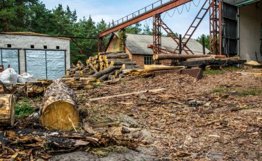 Lyons, Colorado, Amerika Birleşik Devletleri - 01 Temmuz 2018: eski terk edilmiş kereste fabrikası, Colorado, ABD Rocky Dağları eteklerinde. Günlükleri ve çam ağaçlarının talaş. Dağlık Devletler geleneksel Amerikan Ağaç Sanayi