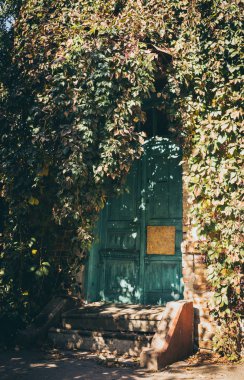 Eski terk edilmiş bir evde ahşap kapalı kapı