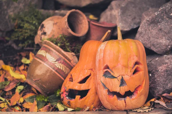 Gamla Ruttna Gula Pumpa Traditionella Halloween Dekorationer — Stockfoto