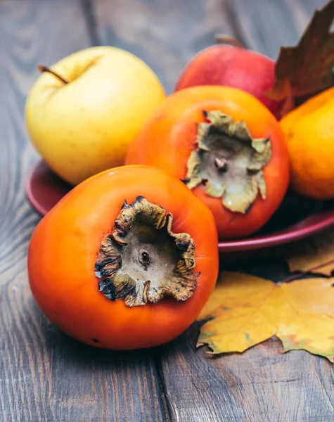 Bright Juicy Persimmon Background Wooden Table Winter Fruits — Stock Photo, Image