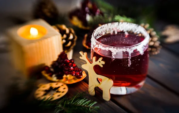Gorące Grzane Wino Świecę Dekoracje Świąteczne Boże Narodzenie — Zdjęcie stockowe