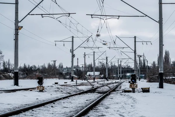 Kiev Oekraïne Januari 2019 Oude Sneeuw Bedekte Spoorweg Bijhouden Herstellen — Stockfoto